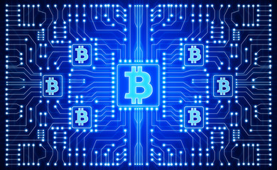 Obraz premium Glowing blue bitcoin background
