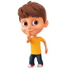 Cartoon character of a little boy sneaking on a white background. 3d render illustration.