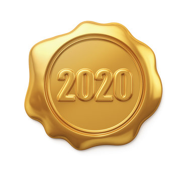 New Year 2020. Holiday illustration of a gold wax seal with the numbers 2020. 3D render.