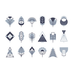 Graphical tree set, line and geometrical blocks icons.