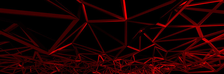 3d ILLUSTRATION, of RED abstract crystal background, triangular texture, wide panoramic for wallpaper, 3d futuristic RED background low poly design