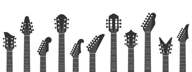 Guitar headstocks. Guitars necks, rock music and guitar peghead with tuning pegs. Acoustic and electric guitar neck silhouette isolated vector illustration - obrazy, fototapety, plakaty