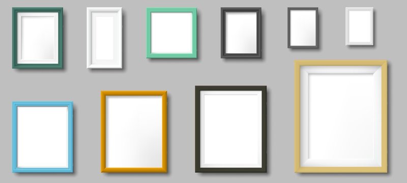 Realistic photo frame. Square and rectangular frames, photos on wall template. Photo border, photography portrait frame colorful signs. Isolated 3D realistic vector icons set