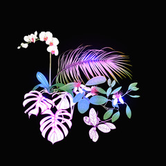 A composition of tropical plants, palm leaves, monsters and white orchids In botanical style Colored vector illustration in neon, fluorescent colors. Colored and outline design. On black background.