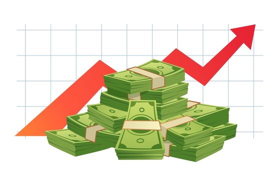 Growing cash graph. Pile of cash, money value red rising graph arrow and financial growth diagram. Finance wealth, success capital investment or budget increased isolated vector illustration
