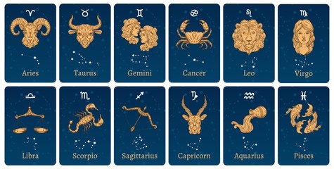 Zodiac constellations and signs. Horoscope cards with constellation stars, decorative zodiac sketch symbols. Astronomy zodiac map, zodiacal star posters. Isolated vector illustration icons set - obrazy, fototapety, plakaty