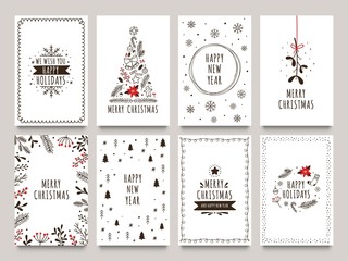 Hand drawn winter holidays cards. Merry Christmas card with floral ornaments, New Year tree and snowflakes frame. 2020 Xmas greeting or invitation inspire quote cards. Isolated vector icons set - obrazy, fototapety, plakaty
