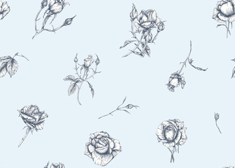 Roses and spring flowers seamless pattern. Graphic drawing, engraving style. Vector illustration.