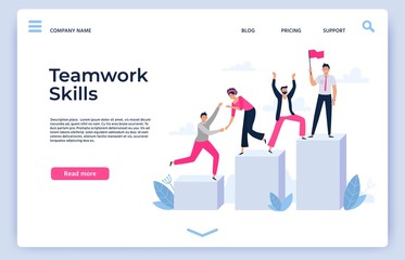 Successful team. Career development assistance, businessmen hold gold cup trophy and teamwork skills landing page. Working team award goal, career winning reward vector illustration