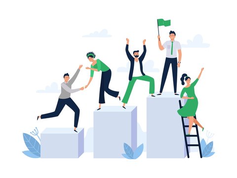 Career ladder with team people. Office worker hold flag, group leader and team building. Business work achievement, leadership character competition growth flat vector illustration