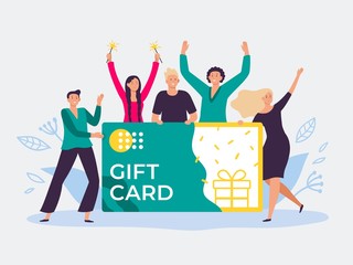 Gift card voucher. Gift certificate, discount cards for customers and happy people hold gift coupon. Shopping voucher prize winning flat vector illustration - obrazy, fototapety, plakaty