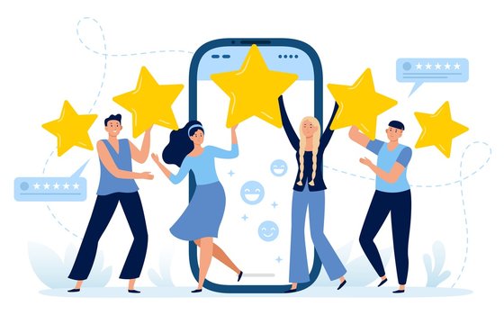 Five stars mobile app feedback. Customers satisfaction, clients leave five star rating and positive feedback. Choice rating review app, customer reviews flat vector illustration