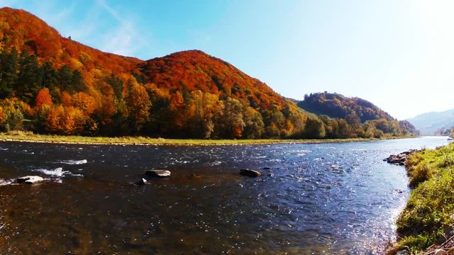 Poprad River in sunny autumn day. Rytro, Poland.