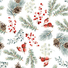 Christmas seamless pattern, red berries, green fir twigs, cones, white background. Vector illustration. Nature design. Season greeting. Winter Xmas holidays - obrazy, fototapety, plakaty