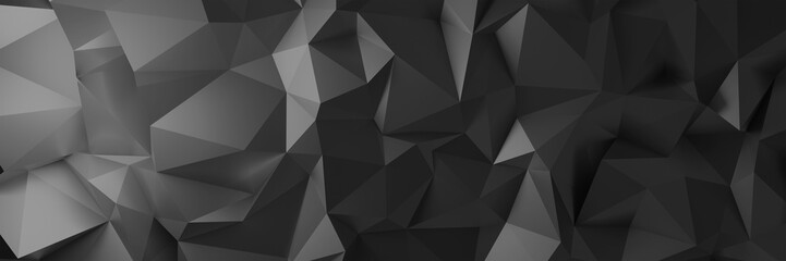 Fototapeta premium 3d ILLUSTRATION, of black abstract crystal background, triangular texture, wide panoramic for wallpaper, 3d black background low poly design