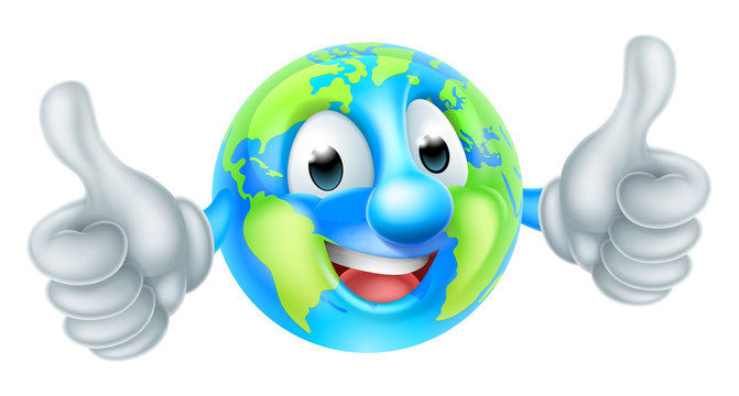 A cute happy cartoon earth world mascot character giving a thumbs up