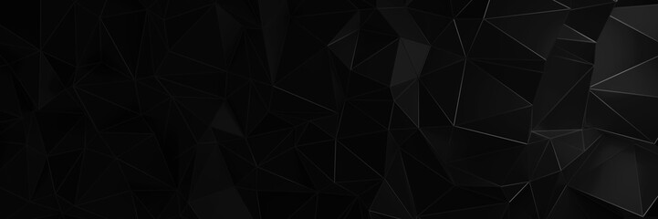Obraz premium 3d ILLUSTRATION, of black abstract crystal background, triangular texture, wide panoramic for wallpaper, 3d black background low poly design