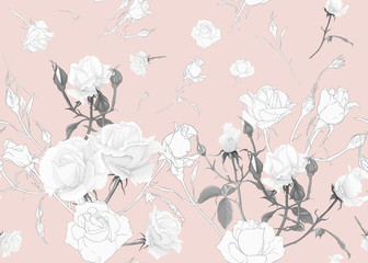 Rose roses seamless pattern. On pink background. Colored and outline design. Vector illustration.