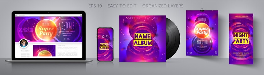 Party flyer template. Layout of the CD cover. Poster template for disco party. Wallpaper for your smartphone or banner. Corporate identity layout flyer, poster, cover. Set of vector illustrations.