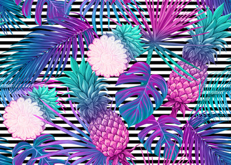 Nahtloses Muster, Hintergrund mit tropischen Pflanzen, Blumen. Farbige Vektorillustration in Neon-, fluoreszierenden Farben. Auf schwarz-weißem Streifenhintergrund..
