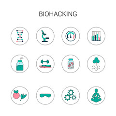 Biohacking, icon set, organic food, healthy lifestyle, relaxation, psychotherapy, pills, nature, detox, sport, sleep, analyses. Vector stock illustration