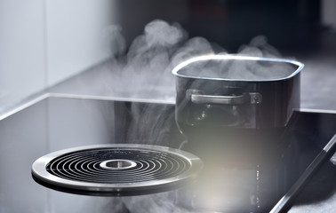 Modern electric induction cooker with built-in ventilation and extractor hood which draws steam...