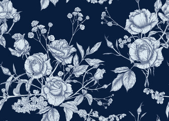 Rosen und Frühlingsblumen nahtloses Muster. Grafische Zeichnung, Gravurstil. Vektor-Illustration.