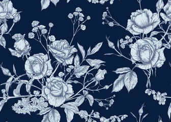 Foto op Aluminium Nachtblauw Rozen en lente bloemen naadloos patroon. Grafische tekening, graveerstijl. Vector illustratie.