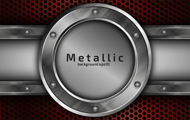 Metal mesh background, red and silver brushed steel surface.