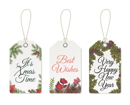 Christmas tags. Xmas cute design for printable template of card celebration labels and gift vector set