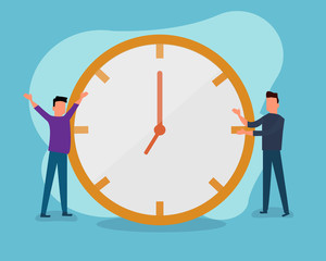 Illustration, Two people build clock.
