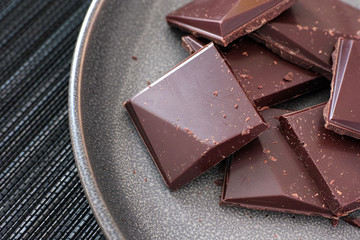 Pieces of dark chocolate on a plate