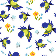 Tits, mosquitoes and flowers on white background. Vector seamless pattern.