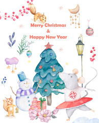 Cute watercolor cartoon set rats and spruce tree. Watercolor hand drawn animals illustration. New Year 2020 holiday drawing illustration. Snowman Merry Christmas gift card. Greeting postcard