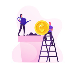 Investment and Banking Income Concept. Business Man Put Huge Golden Coin in Soil, Woman Watering Plant in Pot. Characters Planting Money Tree for Growing Profit Wealth Cartoon Flat Vector Illustration