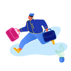 Hotel Hospitality Service Concept. Bell Boy Carrying Suitcases Isolated on White Background. Bellman Male Hotel Worker in Uniform Running with Luggage Meeting Guest. Cartoon Flat Vector Illustration