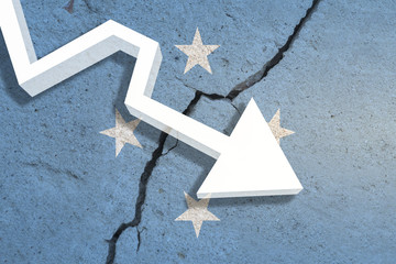 Micronesia Flag on the cracked wall with arrow falling down. Concept of decrease in the country. 3D...