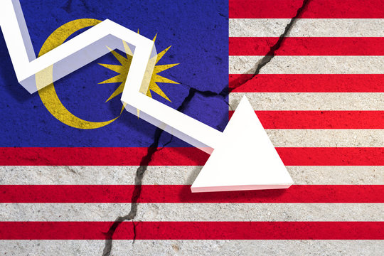 Malasia Flag on the cracked wall with arrow falling down. Concept of decrease in the country. 3D Illustration