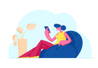 Internet Community Entertainment. Young Smiling Woman Writing Love Correspondence, Communicating in Social Media Networks, Watching Video Chatting or Dating on Site. Cartoon Flat Vector Illustration