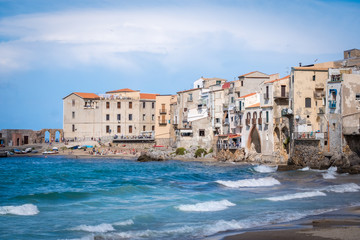 Panorama view on cityscape of Cefalu from drone. Tyrrhenian Sea. Sicily, Italy