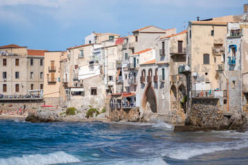 Panorama view on cityscape of Cefalu from drone. Tyrrhenian Sea. Sicily, Italy