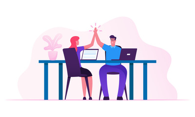 Contract Signing, Triumph and Support Concept.Man and Woman Colleagues Sitting at Desk Giving Highfive to Each Other after Goal Achievement or Successful Business Deal Cartoon Flat Vector Illustration