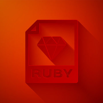 Paper cut RUBY file document. Download ruby button icon isolated on red background. RUBY file symbol. Paper art style. Vector Illustration
