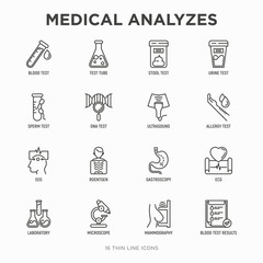Medical analyzes thin line icons set: blood test, urine test, stool, ECG, mammography, sperm, DNA, ultrasound, EEG, X-ray, gastroscopy. Vector illustration for laboratory web page.