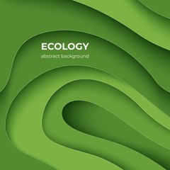 Ecology paper cut poster. Green eco abstract 3D layer background with origami shapes, minimal color paper cutout flyers. Vector organic fashion concept organic earth