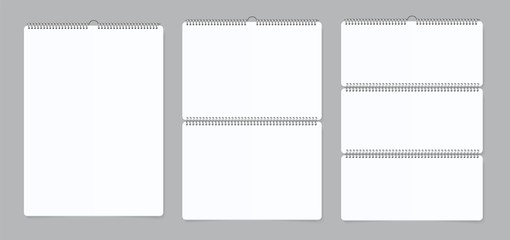 Realistic wall calendars. Notebook bind paper calendar with iron spiral. Vector illustration empty white realistic mockup on grey background for print calendar