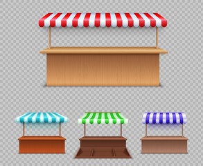 Market stall set. Realistic wooden counter with canopy for street trading. Cafe tent, shop roof. Outdoor market commercial awnings vector isolated set with red and white stripes