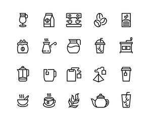 Coffee and tea line icons. Latte espresso and cappuccino coffee cups, symbols mugs with steam and take away cups with tea. Vector illustrations icon how to coffee make process set