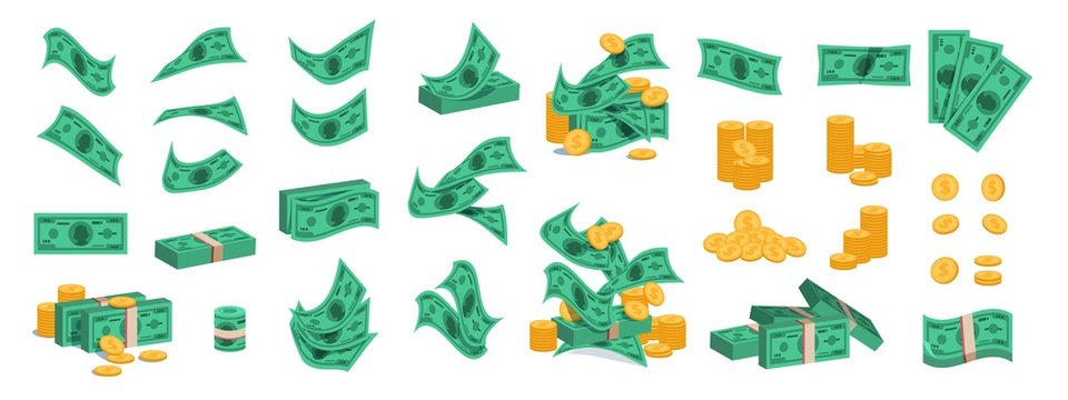 Bundle of money. Golden coins and green dollar banknotes, 3D pile of flat money cash. Vector set of currency stack for prosperity business, investment and buy different goods