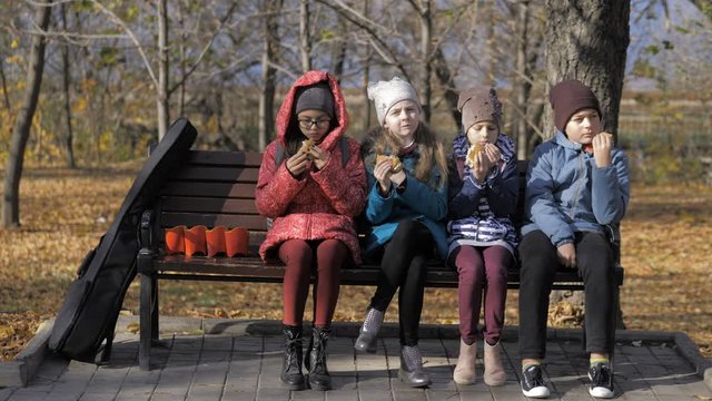 Group of hungry kids are eating burger outdoor in the park in sunny autumn day